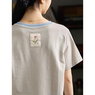 谷家 原创文艺细条纹撞色短袖上衣 夏季柔软棉刺绣正肩显瘦t恤