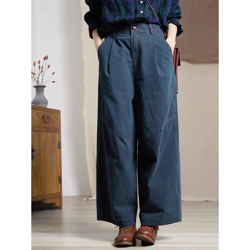 谷家 设计感原创文艺全棉休闲长裤 小众撞色高腰宽松阔腿气球裤子