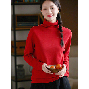 谷家 100%棉线不易起球高领针织衫女 秋冬新款内搭薄款毛衣打底衫