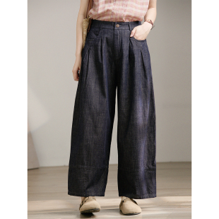 不易掉色 立体剪裁显瘦气球裤 谷家 亚麻棉宽松牛仔直筒九分长裤