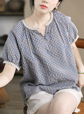谷家 原创棉麻风格肌理格纹短袖衬衫女 小众文艺休闲宽松T恤上衣