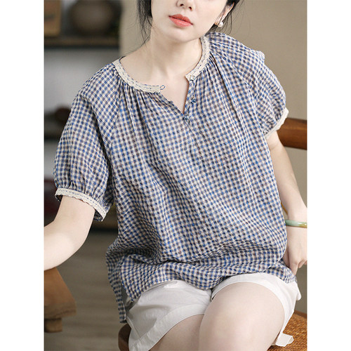 谷家 原创棉麻风格肌理格纹短袖衬衫女 小众文艺休闲宽松T恤上衣