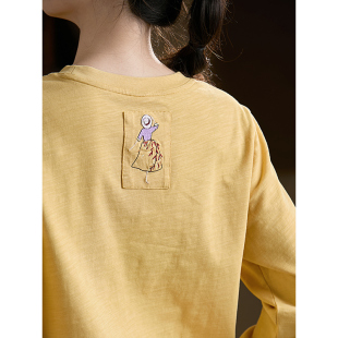 2026新款 谷家 T恤 原创正肩显瘦长袖 100%竹节棉文艺百搭刺绣上衣