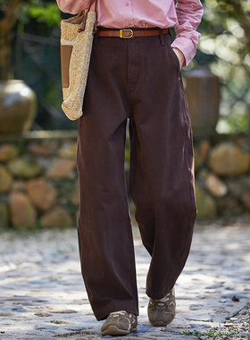 谷家 松驰感咖啡色弹力香蕉休闲裤 立体剪裁高腰显瘦直筒弯刀裤子