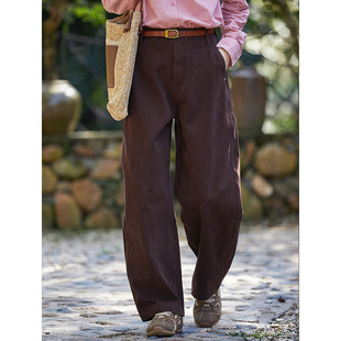 子 立体剪裁高腰显瘦直筒弯刀裤 谷家 松驰感咖啡色弹力香蕉休闲裤