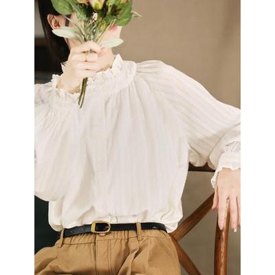 谷家 法式花边领长袖提花全棉衬衫 气质百搭白色打底上衣女春新款