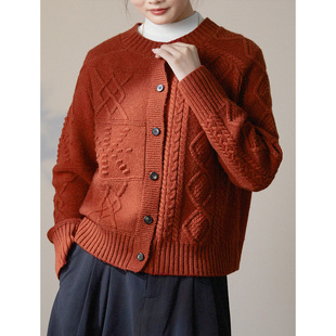 谷家 全羊毛绞花加厚针织开衫  复古圆领毛衣 短款外套女冬季新款