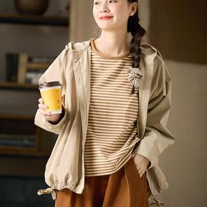 谷家 高密棉原创百搭连帽风衣外套 简约气质宽松时髦设计感上衣女