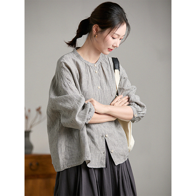 谷家 100%色织亚麻竖条纹宽松上衣 松驰百搭小圆领文艺衬衫女新款