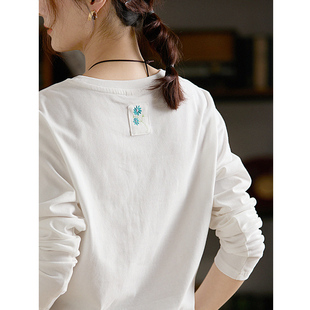 打底上衣 100棉柔软舒适长袖 谷家 原创文艺磨毛棉刺绣圆领T恤