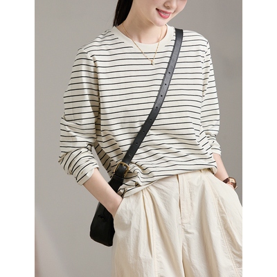 谷家 经典百搭条纹显瘦T恤 2026春季新款简约通勤长袖打底上衣女