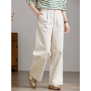 子女 高腰显瘦通勤小直筒阔腿米白裤 谷家 原创文艺水洗棉休闲长裤