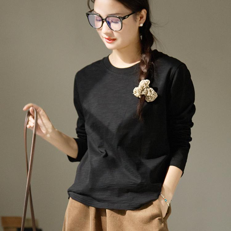 谷家 文艺百搭竹节棉圆领长袖T恤 简约气质黑色显瘦纯棉打底上衣