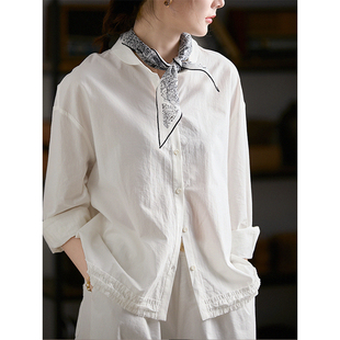 花边下摆法式 翻领叠穿打底上衣女 蚕丝棉柔软宽松假日白衬衫 谷家