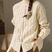 高密棉宽松圆领长袖 谷家 2026春季 女 上衣 原创竖条纹全棉提花衬衫