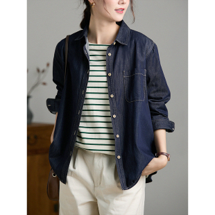 谷家 宽松复古外套不易褪色上衣女 100%棉柔软百搭深蓝色牛仔衬衫