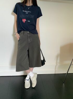 GAGD 雪松绿五分中裤牛仔裤时尚个性气质复古水洗休闲裤阔腿裤女