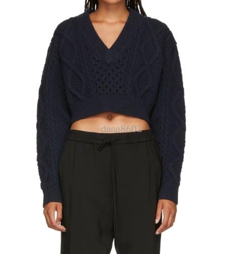 3.1 PHILLIP LIM 代购深蓝色露背系带V领羊毛短款针织衫 露脐毛衣