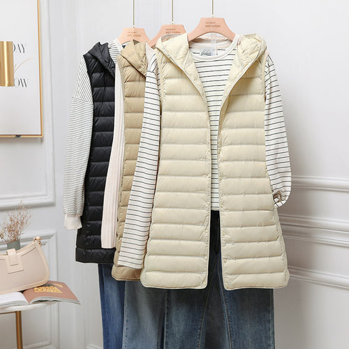 轻薄羽绒马甲中长款无缝面料连帽