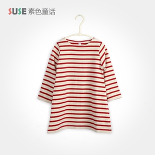 春季款女童装针织有机全棉条纹圆领长袖A字连衣裙衫 414