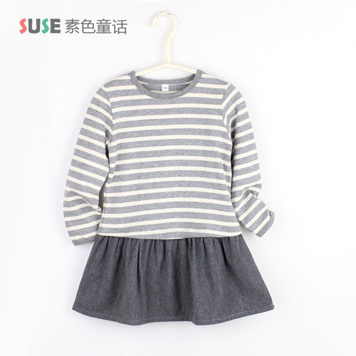 suse709素色童话女童春秋纯棉条纹童装撞色拼接连衣裙90-140