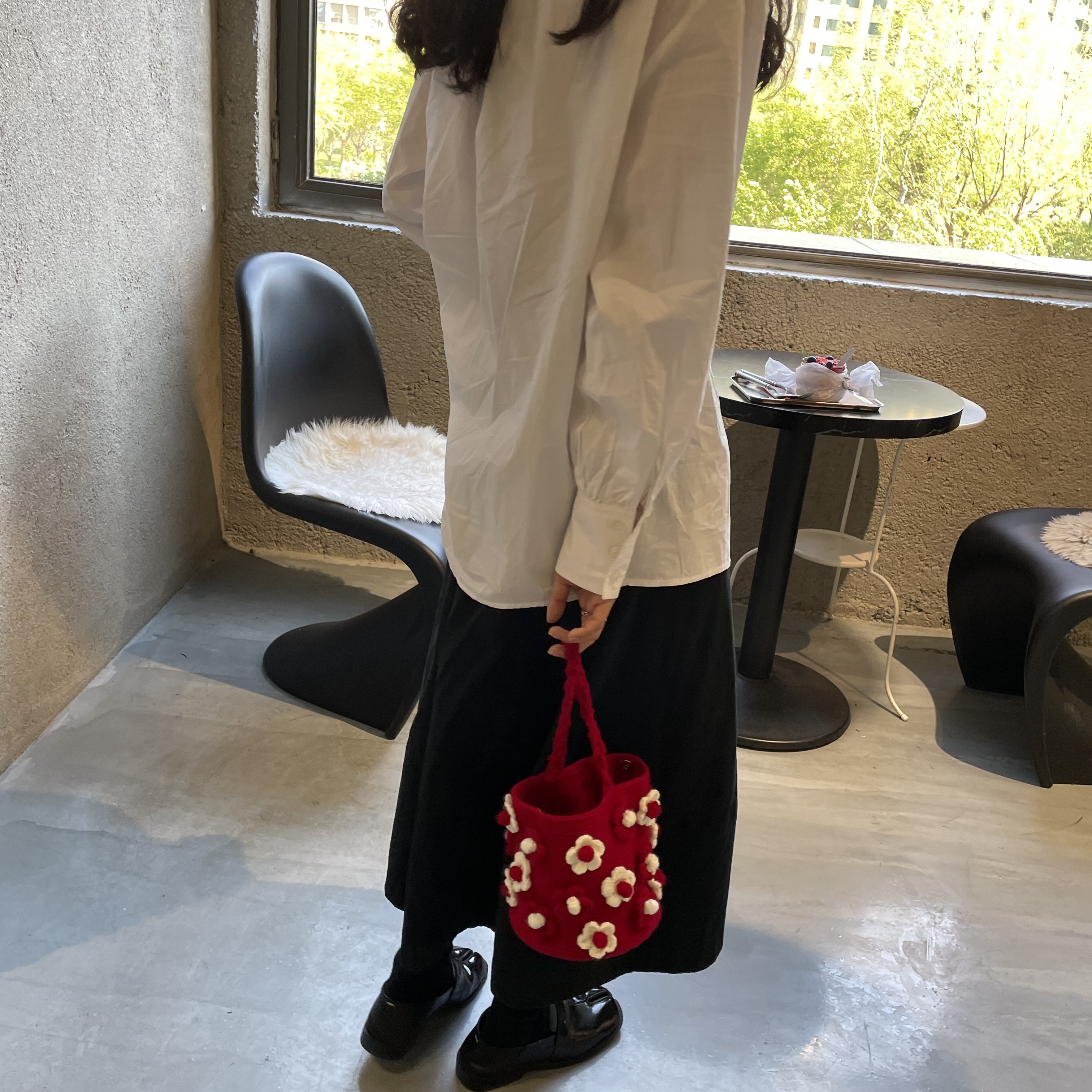 ONEBLUE 超可爱 手工自制 红色小花 手提水桶包