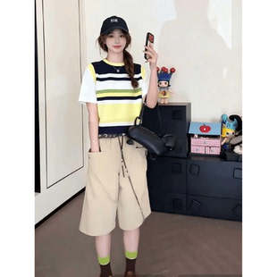 韩版假两件撞色条纹短袖T恤阔腿裤套装女工装风七分裤休闲两件套