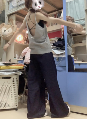 灰色后背镂空辣妹风吊带背心女夏季松弛感无袖针织衫外穿短款上衣