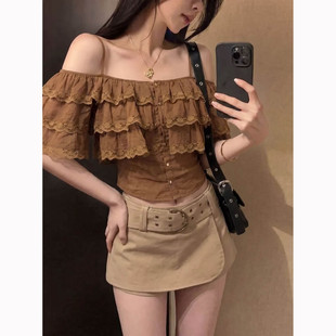 法式小众蕾丝一字肩上衣女夏季新款设计感荷叶边气质轻薄吊带上衣