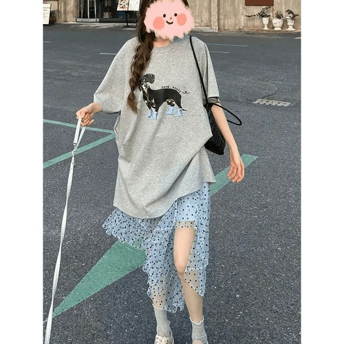 韩系波点不规则半身裙女夏季蓝色网纱中长款休闲A字裙仙女裙纱裙