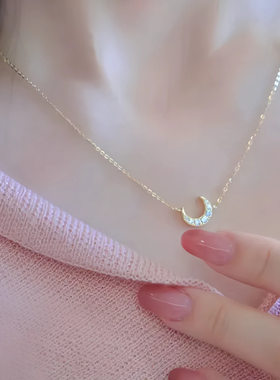 S925纯银镀14K金满钻月亮项链女 月牙儿小众设计轻奢高级感锁骨链