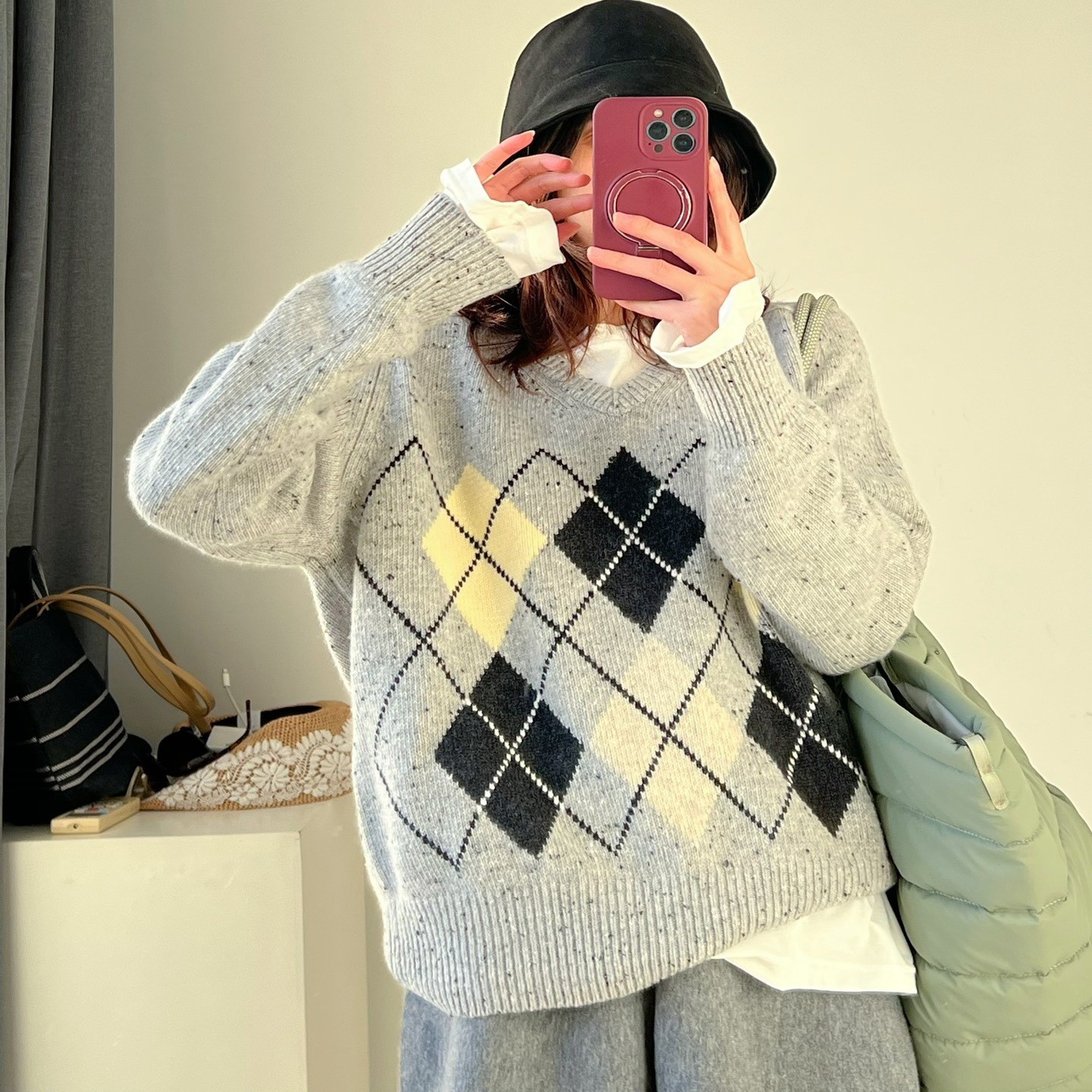 欧洲站 小众设计师款25冬新菱格羊毛+羊驼毛V领长袖针织衫毛衣女