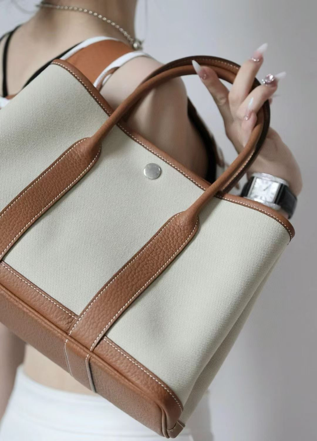 高定款大容量经典款真皮头层牛皮帆布包 花园包30/36cm通勤手提包