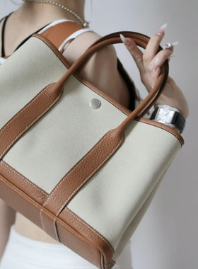 高定款大容量经典款真皮头层牛皮帆布包 花园包30/36cm通勤手提包