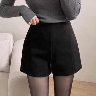 女秋冬靴裤 显瘦呢子包臀休闲裤 2025新款 高腰修身 韩式 黑色毛呢短裤