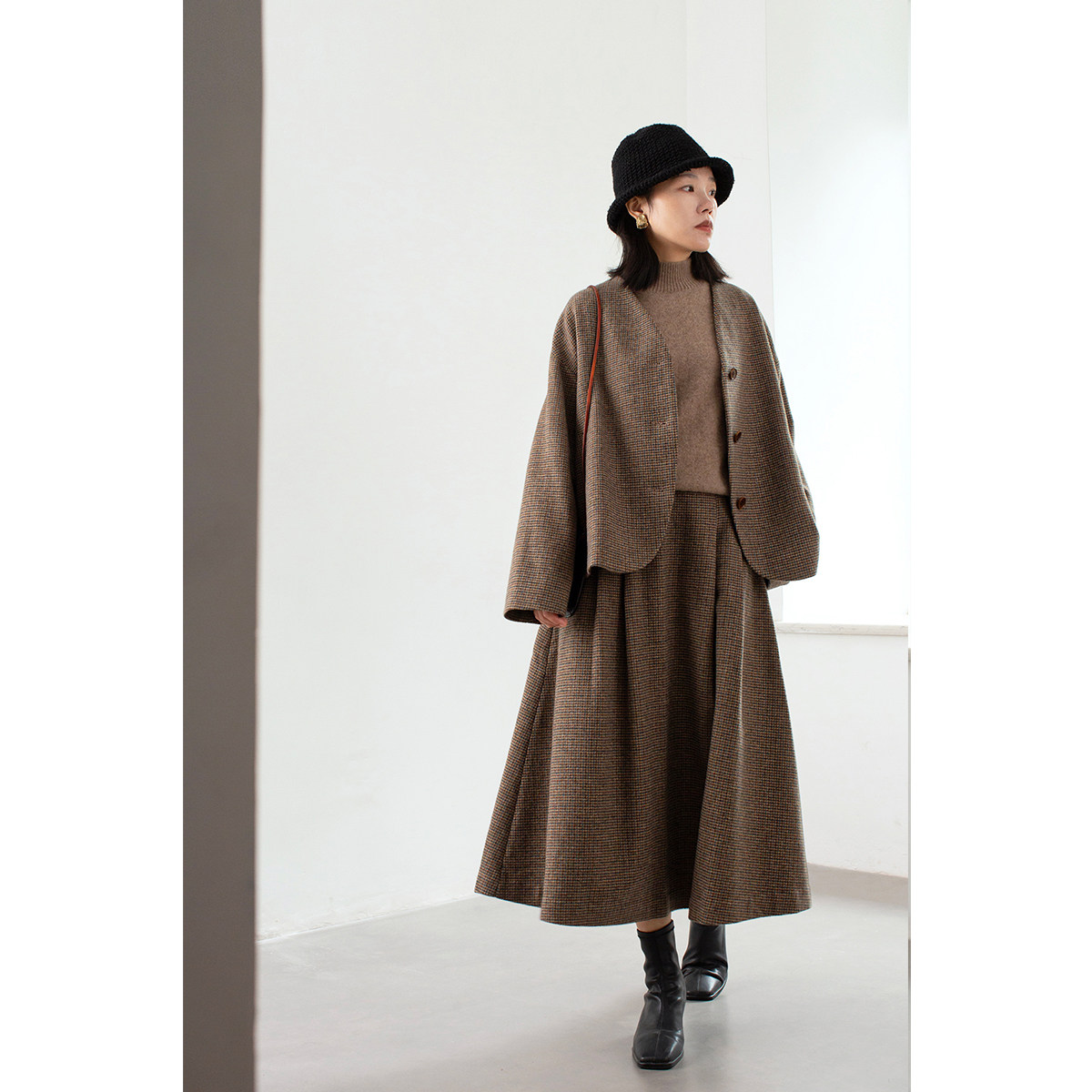 原隐长裙半身裙复古A摆粗花呢