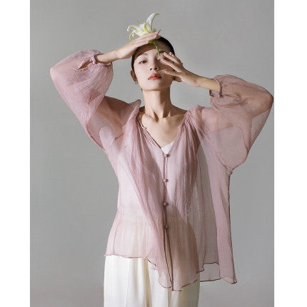 原隐YuanYin设计真丝上衣法式桑蚕丝气质开衫v领粉色慵懒风衬衫女