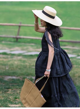 原隐高级优雅极简实穿显瘦黑色百搭苎麻夏季透气宽松无袖背心上衣