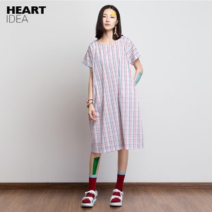 方寸原创文艺范夏季森女系连衣裙女千鸟格宽松中袖长裙圆领女装