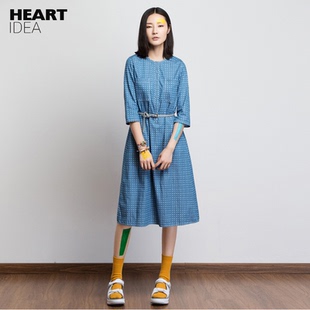 方寸原创夏季女装时尚休闲森女系长款五分袖印花薄牛仔连衣裙女