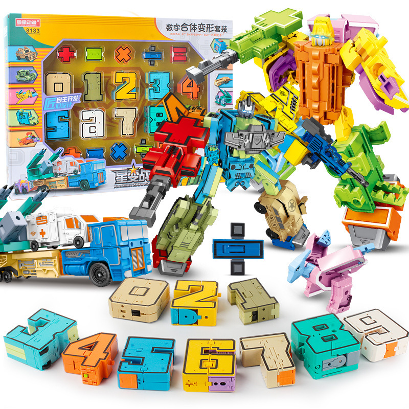 粤星数字字母合体变形玩具儿童拼装机器人恐龙金刚机甲模型礼盒装