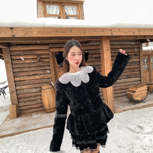 丝绒绗棉充绒内里收腰花苞下摆修身 韩版 百搭显瘦外套 SEVEN FOUR