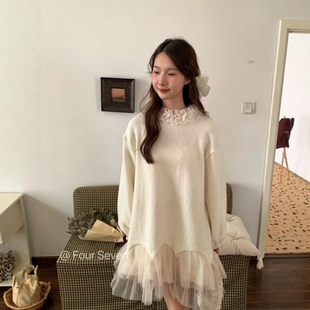 花边领网纱拼接毛线拼网纱灯笼袖 FOUR 韩版 2025秋新 连衣裙 SEVEN