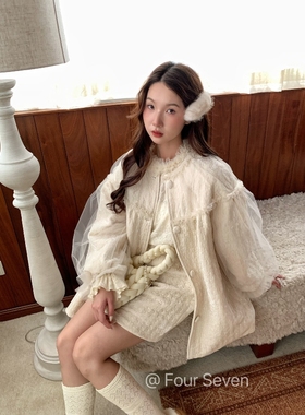 FOUR SEVEN原创韩版重工网纱拼接绗棉丝绒夹棉内里泡泡袖宽松外套