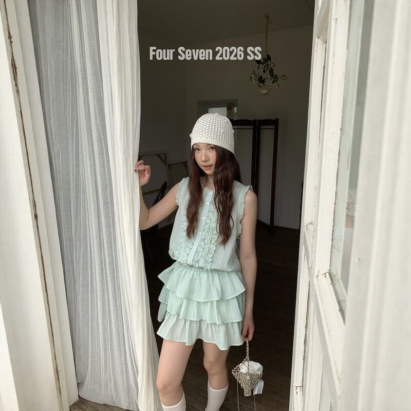 FOUR SEVEN 2026春夏SS 韩系重工三层裙摆花边拼接修身显瘦背心裙