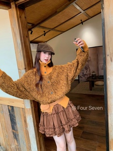 韩版 2025秋新 重工花边拼接麂皮绒松紧腰A字百搭短裙 SEVEN FOUR