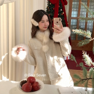 SEVEN 口小香风中长款 2025秋新 可拆卸裙摆狐狸毛袖 外套 韩版 FOUR