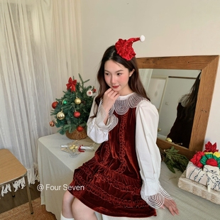 FOUR 重工木耳花边拼接泛光丝绒抽褶A字背心裙 SEVEN圣诞新年限定