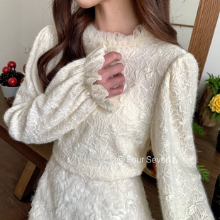 口泡泡袖 网纱木耳花边领喇叭袖 磨毛蕾丝打底百搭上衣 SEVEN FOUR