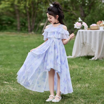女童连衣裙夏季雪纺碎花洋气薄款2026新款女孩拖尾公主风裙子夏装